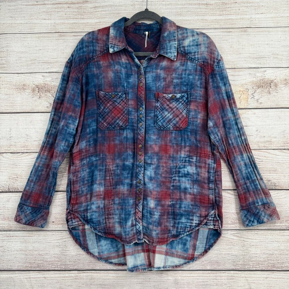 Free People Dip Dye Tunic Shacket Shirt Womens Small Blue Red Purple Button Down